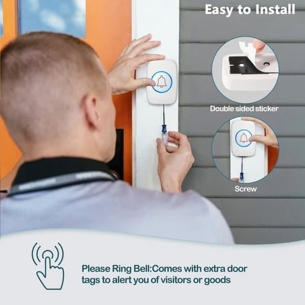 Trådlös utomhusdörrklocka IP44 300m – 60 melodier, 5 volymnivåer, vit
