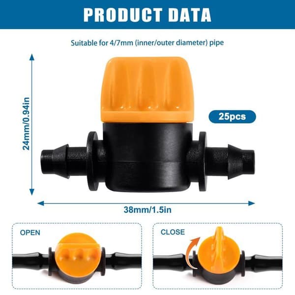 25 vanningsavstengningsventiler 4/7 mm for 4 mm slange – mini PP kontrollventiler