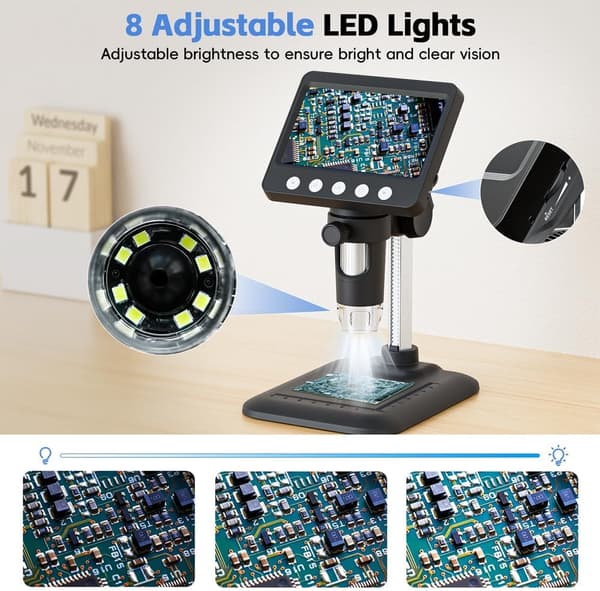 4,3\" Digitalt Mikroskop til Voksne, 1000X Forstørrelse med 8 LED-lys, USB-mikroskop til Windows/MacOS Møntsamling