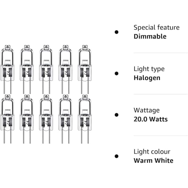 G4 halogenlamper 10W 12V - Varmhvit - 20-pakning