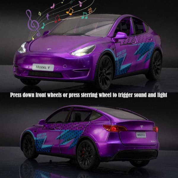 Legetøjsbil i legering til Tesla Model Y, Model Y med lyd og lys, hvid