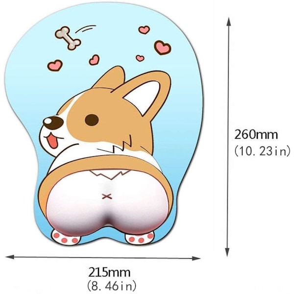 3D Musemåtte med håndledsstøtte, Ergonomisk blød silikone gel gaming musemåtte, Sød Corgi hund anime musemåtte til PC laptops blå