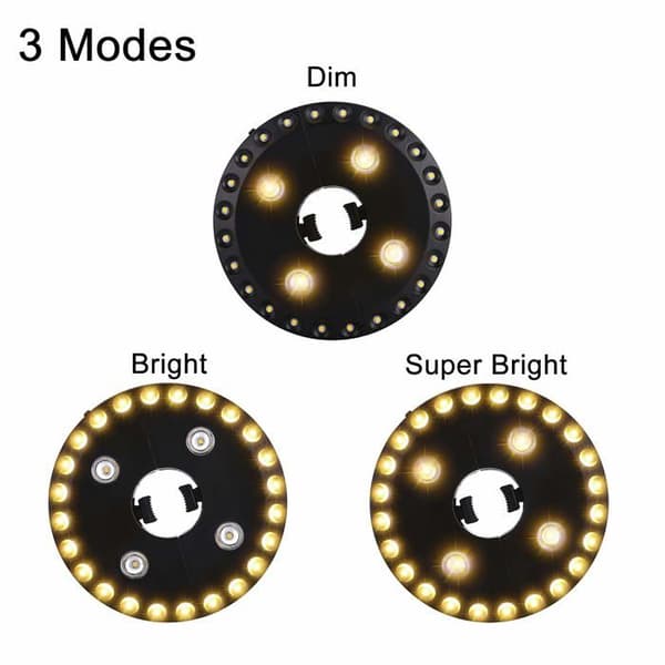 Varm hvid LED-parasolbelysning, 3 tilstande (4/24/28 LED'er), 200 lm, drives af 4 AA-batterier