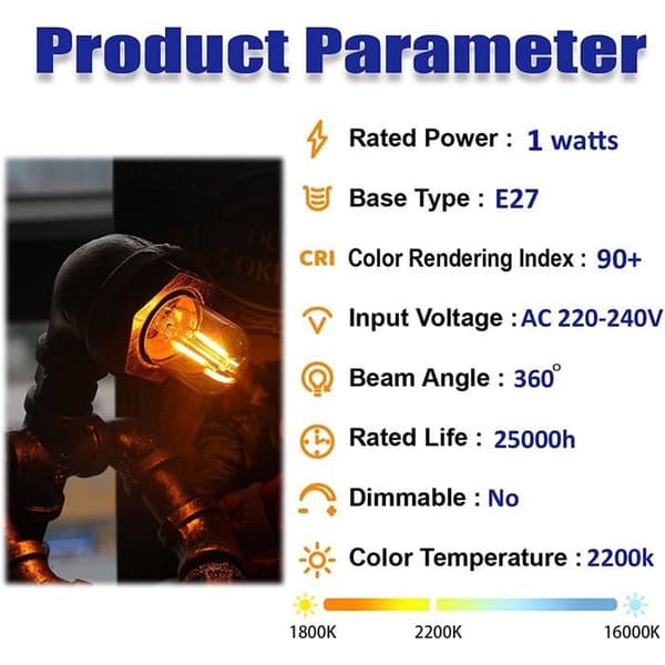 Mini rørformet LED-glødepære E27 1W 2200K rav – pakke med 6, varmhvit, ikke-dimbar