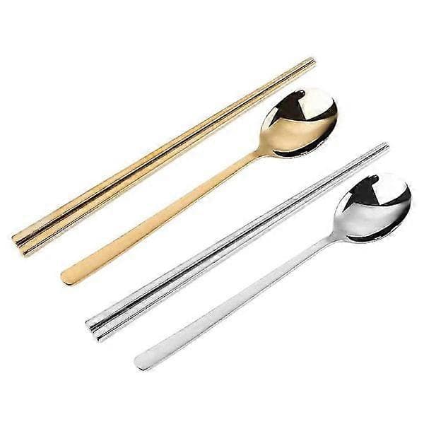 2 sæt spisepinde og skeer i rustfrit stål, koreanske spisepinde og skeer, sorte