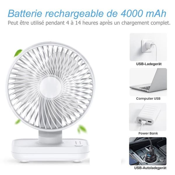 Bærbar ventilator 4000mAh - 4 hastigheder - 90° vip - Stille og kompakt