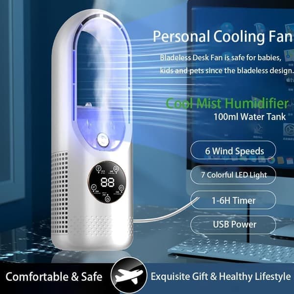 Bladeless bordventilator med luftfugter – USB-ventilator med vandkøling, 6 hastigheder, soveværelsesventilator med timer og LED-lys