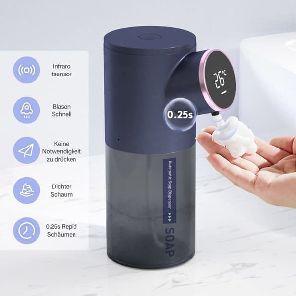 Automatisk skumsæbedispenser 320 ml - berøringsfri, USB-C genopladelig, IPX4, blå