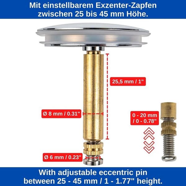 Badekarprop Ø43 mm - Massiv messing - Silikoneforsegling - Justerbar højde 32-52 mm