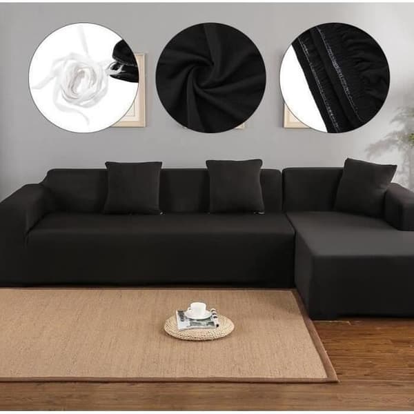 3+2-seters L-formet hjørnesofatrekk i polyester, elastisk sofatrekk til hjemmemøbler, svart