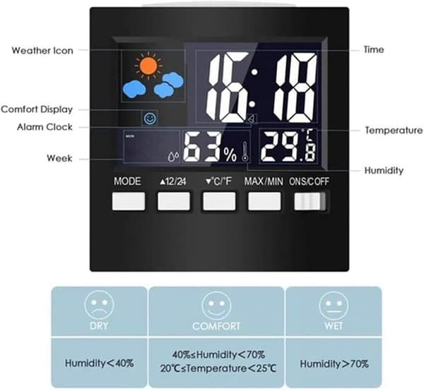 Söt liten digital väckarklocka väder sängklockor tid temperatur luftfuktighet 12/24H för hem sovrum kontor