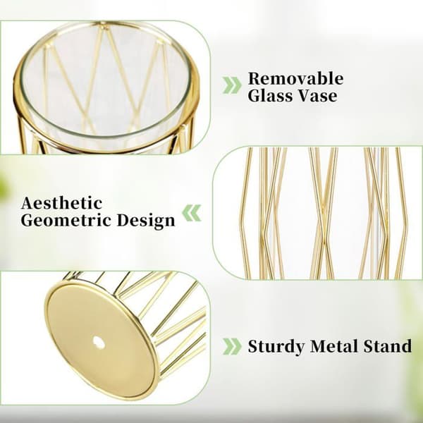 SOLIFLORE Vase - Fransk Guld - Geometrisk Metalbase - Cylindrisk Glasrør