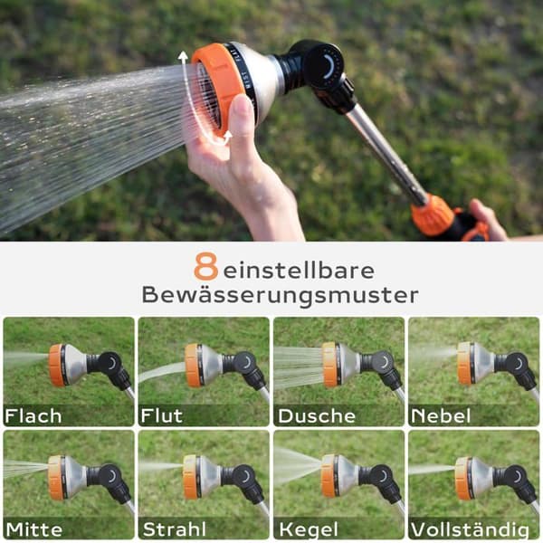 42 cm hagesprøyte – 8 funksjoner – 180° svingbart hode – sink-aluminiumlegering
