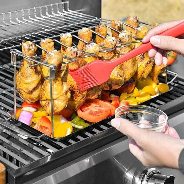 Kyllinglårstativ for grill, stekestativ, sammenleggbart matlagingsutstyr i rustfritt stål for utendørs matlaging, piknik, grilling
