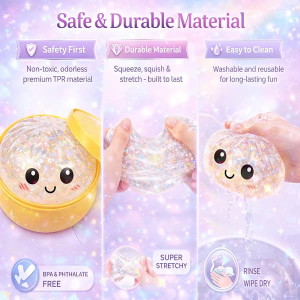 Glitter Dumpling Squishy, Blød Klemme Fidget Angstlindring Sensorisk Sød Nyhed Stresslindrende Gave 2-pak Blå+Lilla