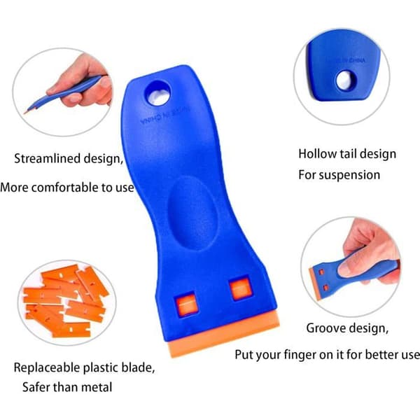 Plastskrapa + 20 utbytbara blad – blå/orange, för lim, glas, bilkarosser