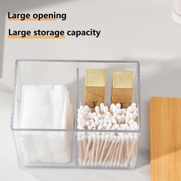 Transparent akryldispenser med bambulock - för bomullstussar och bomullspinnar 13,7×8,8×9,6 cm