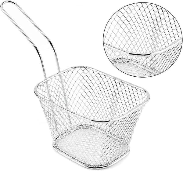 4 x Pommes frites kurve i rustfrit stål til servering med håndtag, mesh friturekurv til rejer og løgringe