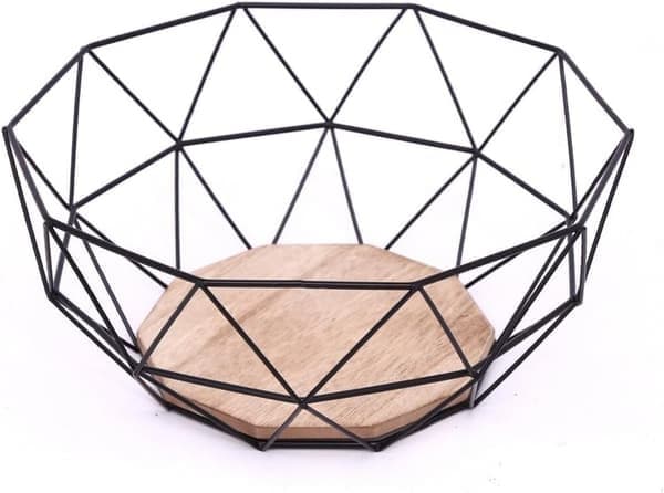 Svart geometrisk metalltråd träbas dekorativ förvarings-/displaykorg fruktskål