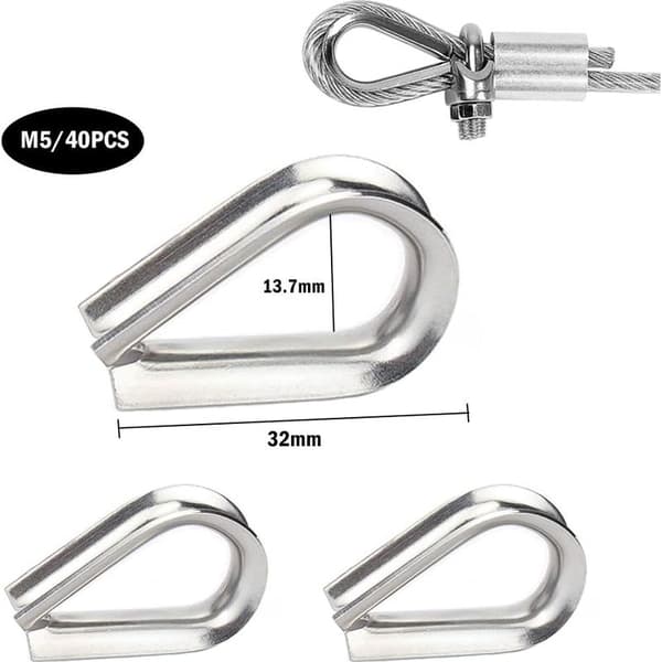 40 Stykker M5 Rustfrit Stål 304 Wire Tovklemmer, Hjerteformede Tovklemmer til 5mm Wire Tov