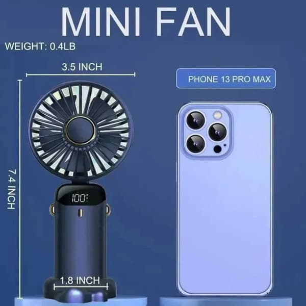 Mini bærbar ventilator - 5 hastigheder - USB genopladelig - 6500 mAh - Sammenfoldelig - Blå