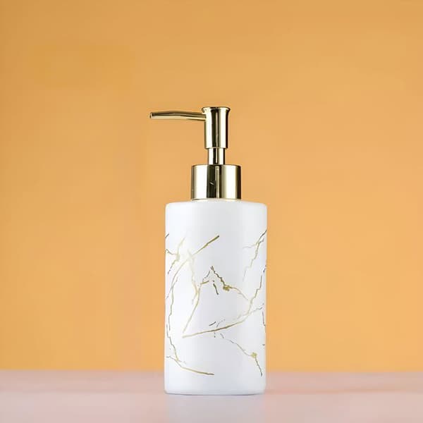 Såpedispenser med gull pumpehode, hvit flaske - 320 ml glass - Rustfri pumpe - Gullmarmorering