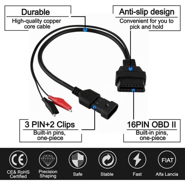 OBD2 adapterkabel til Alfa Romeo - 3-benet til 16-benet - 35 cm - Sort