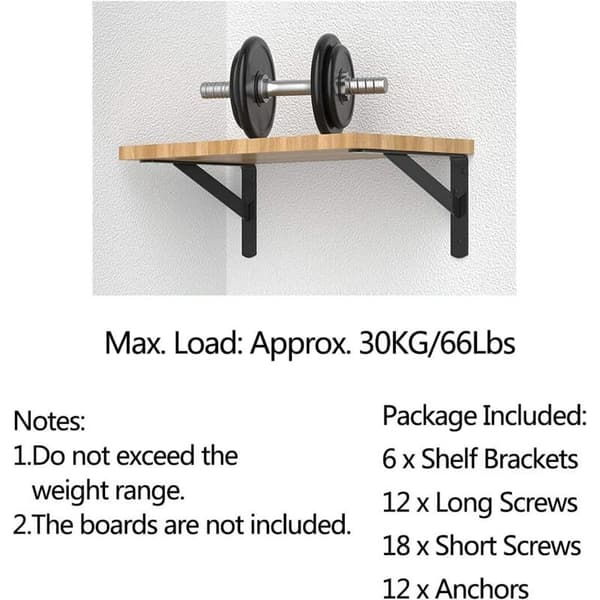 Väggfästen för hyllor – Förpackning med 6 triangulära fästen i svart stål – Mått 15x9,5 cm – Maximal belastning 30 kg