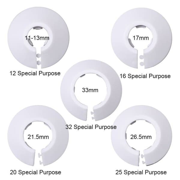 10 hvide radiatorrørsdækselrosetter – 5 størrelser (12/16/20/25/32 mm) i plast