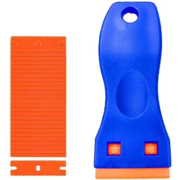 Plastskraber + 20 udskiftelige blade – blå/orange, til klæbemidler, glas, bilkarosserier