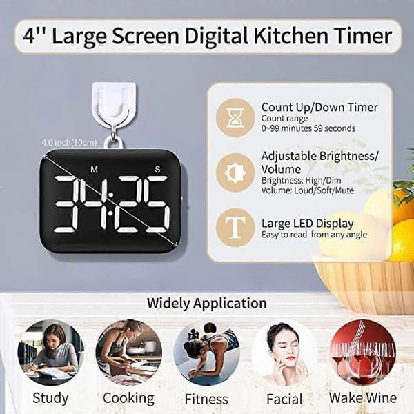 Digital kjøkkentimer - Stor LED magnetisk timer med nedtelling og opptelling, 2 lysstyrker, justerbart volum, enkel å bruke for matlaging, og for barn og eldre