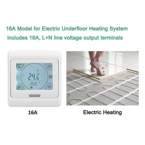 7-dagers programmerbar LCD romtermostat, 230V 16A, for elektrisk gulvvarme - hvit
