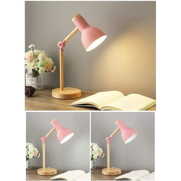 Klassisk design LED-leselampe i tre med svingbare trearmer, E27-sokkel, rosa