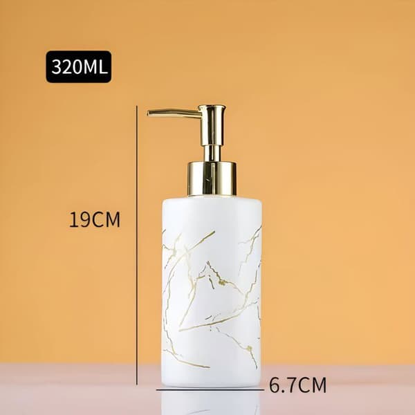 Såpedispenser med gull pumpehode, hvit flaske - 320 ml glass - Rustfri pumpe - Gullmarmorering
