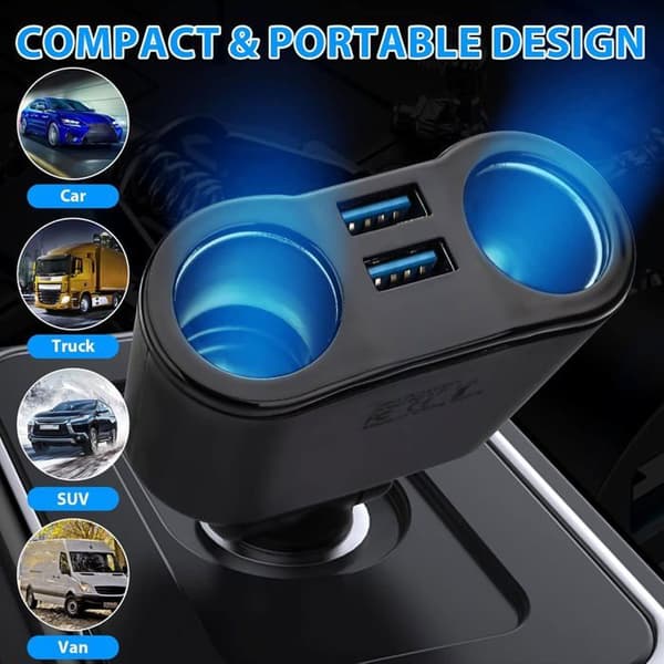 QC 3.0 USB Biloplader, 2 porte, 3.1A, 12/24V, 15W, Sort