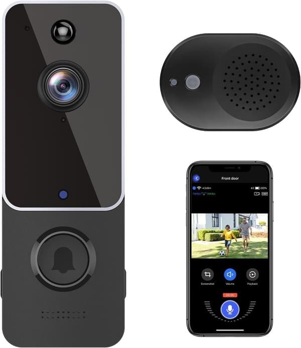 Trådløs videodørklokke med ringetone, 2-veis lyd, HD nattsyn, AES-128 skylagring, smart hjemmesikkerhet