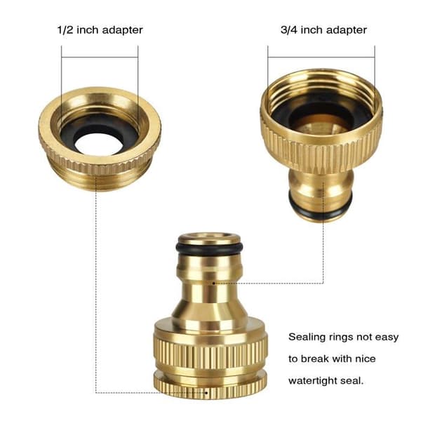 6-delt messing 2-i-1 hagekran-koblinger 1/2\"-3/4\" + 3 hurtigkoblinger 1/2\"