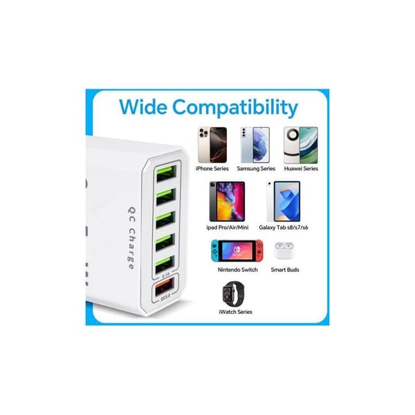 Multi-USB-lader, 65W 6-ports USB hurtiglader med QC 3.0 smart hurtiglader, universell USB-A strømadapterlader for 15 Pro Max, 14 Plus