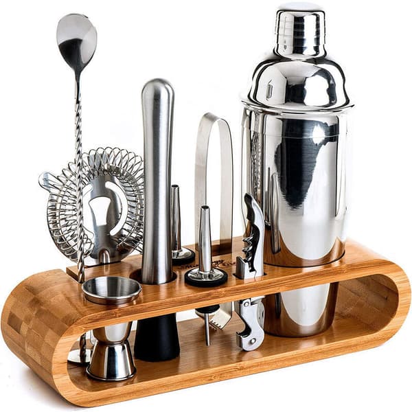 Bartenderset, rostfritt stål/bambu, 550 ml Cobbler Shaker, 10 delar, silver/brun