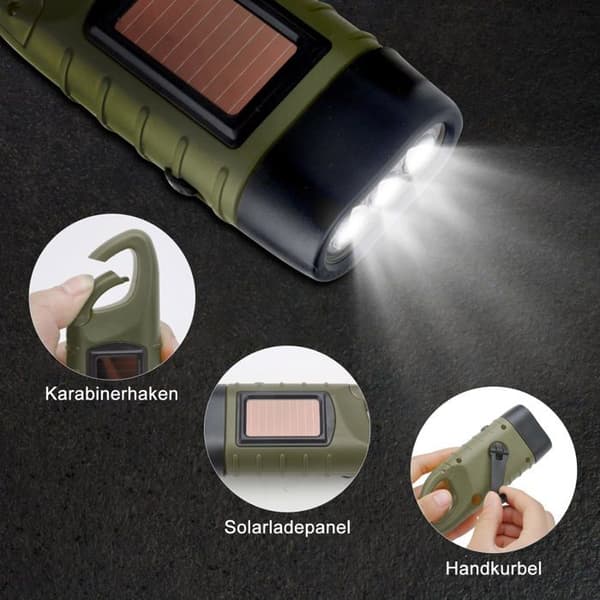 Sett med 2 oppladbare solcelle LED-håndsveivlommelykter, vanntette, 3 LED, armygrønn