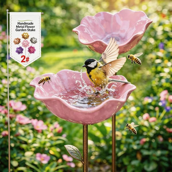 Fuglebad i metal med blomster, håndlavede havefuglebade, vinterfaste fuglebade og insektfoderautomater 2 stk. pink 2pcs pink