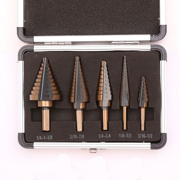 Sett med 5 titan trinnbor, 1/8\"–1–3/8\" for stål, tre, plast, aluminium