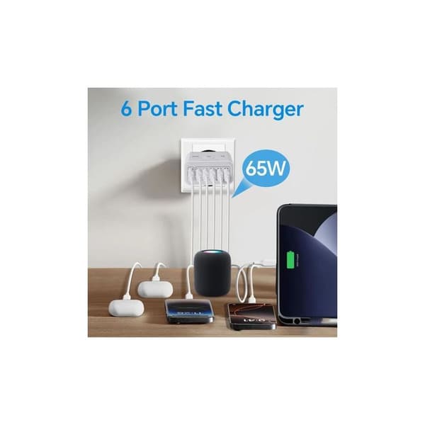 Multi-USB-oplader, 65W 6-ports USB-hurtigoplader med QC 3.0 Smart hurtigoplader, Universal USB-A strømadapteroplader til 15 Pro Max, 14 Plus