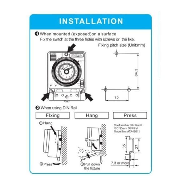 Analog dagtimer, DIN-skena, 100-240V, 16A (3500W) - Mekanisk timer med minnesbatteri