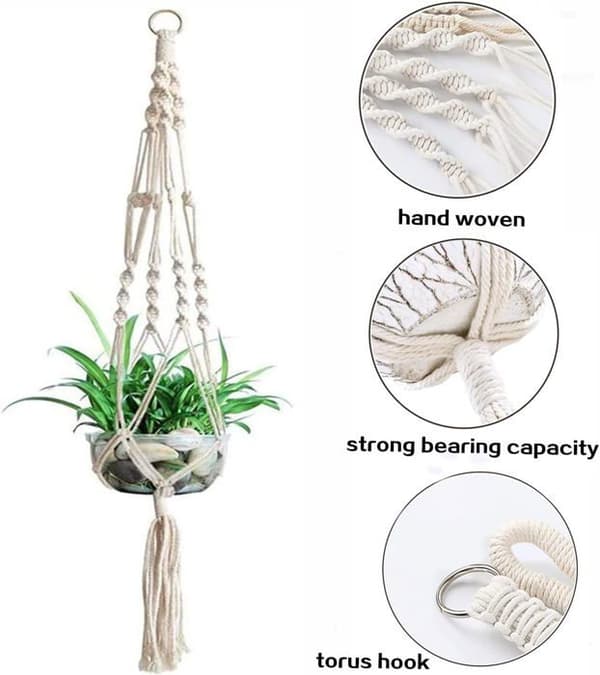 2-pack makrame-växthängare i 100 cm bomullsrep – vit hängande stöd för krukor med 18 cm diameter