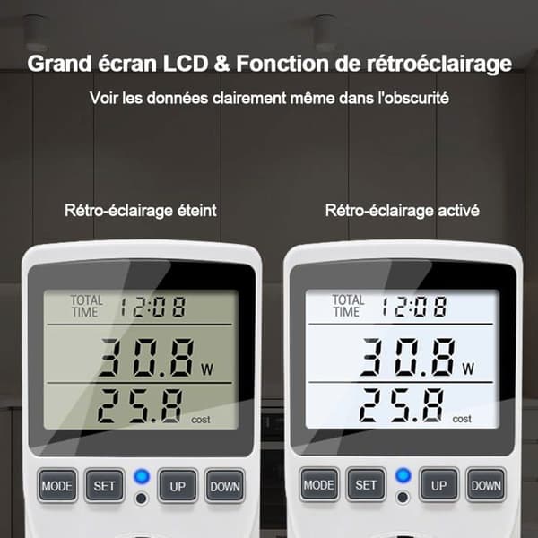 KETOTEK Plug-in Wattmeter, Strømmåler, Bakgrunnsbelyst LCD-skjerm, 11 Moduser