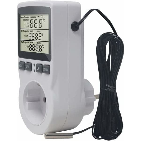 230V 16A digital termostatplugg med 1,7m probe – -40°C til 120°C, oppvarming/kjøling, timer