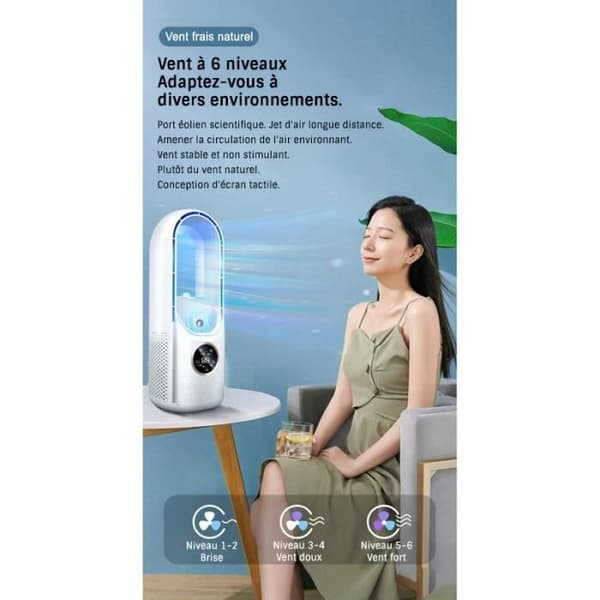 Bærbar USB Elektrisk Ventilator - HD4K - 6 Hastigheder - Blå - Bladeless Køling - 300x120mm