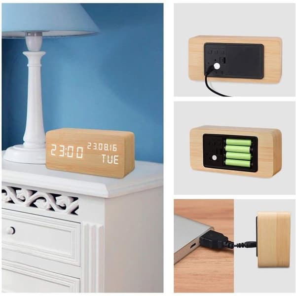 Rektangulær LED Digital Vækkeur i Træ - Stemme-/Klapaktivering - Tid/Dato/Temp/Fugtighedsvisning - USB/4xAAA