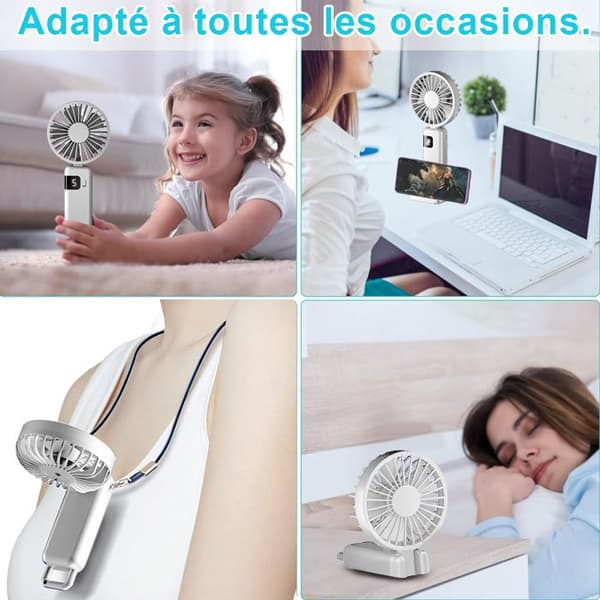 Y07 Liten Portabel Fläkt - USB-C Laddning 1200mAh Batteri - 5 Hastigheter - Vit Loop